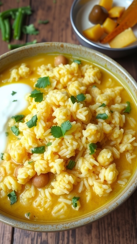 A bowl of butter khichdi with rice and lentils, garnished with cilantro, served with yogurt and pickles on a wooden table.